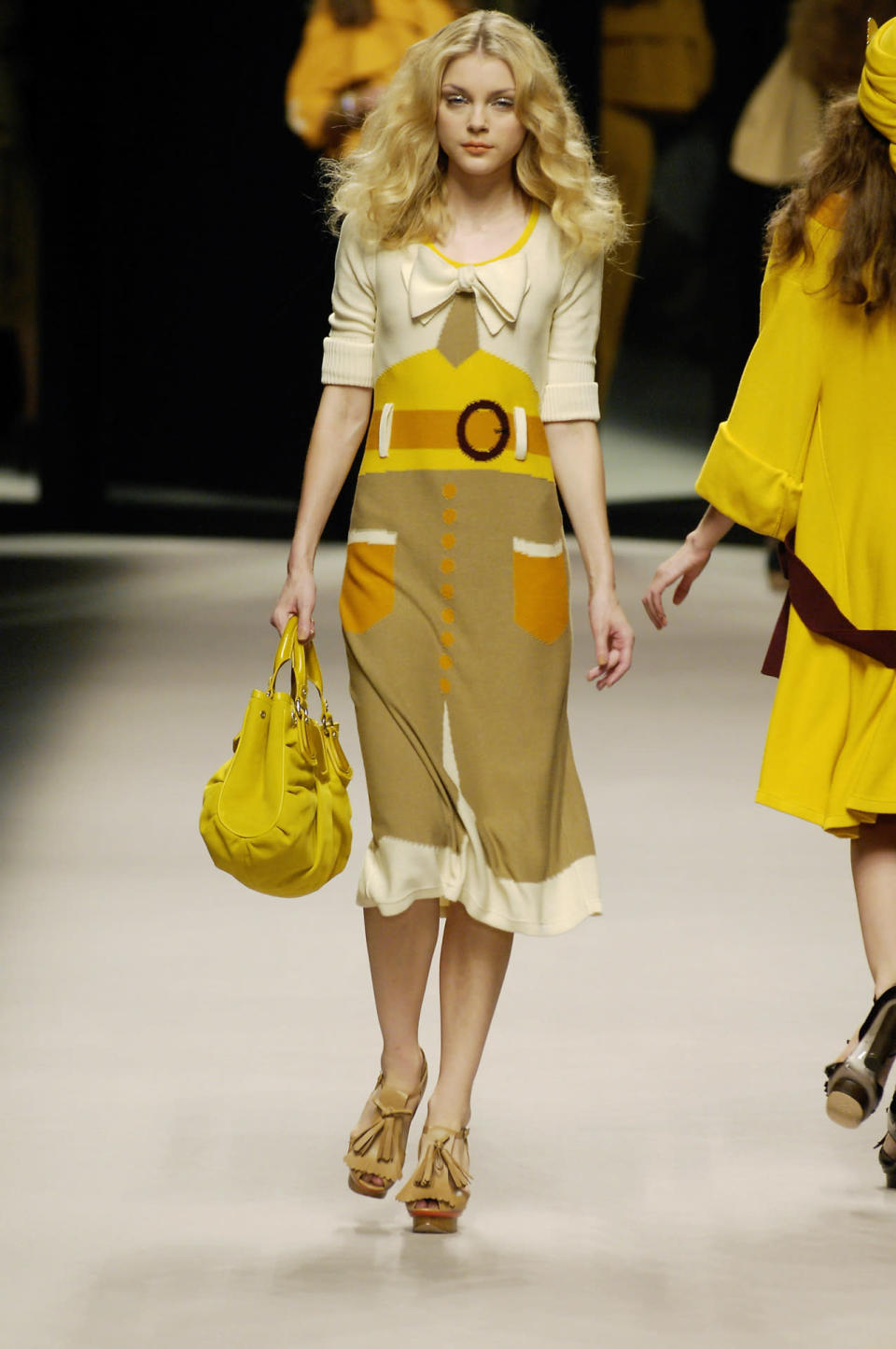 A model wears a trompe l'oeil knit dress at Sonia Rykiel’s spring 2008 show in Paris.