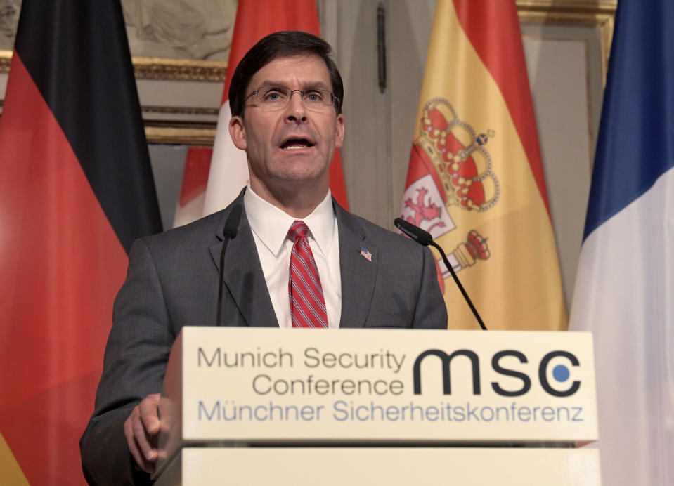 U.S. Secretary for Defense Mark Esper speaks during a press conference on the first day of the Munich Security Conference in Munich, Germany, Friday, Feb. 14, 2020. (AP Photo/Jens Meyer)b