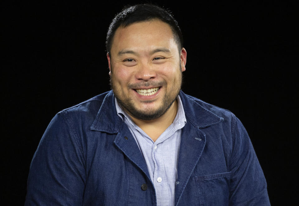 This Oct. 23, 2019 photo shows celebrity chef David Chang during an interview in Los Angeles to promote his Netflix series “Breakfast, Lunch & Dinner”. (AP Photo/Damian Dovarganes)