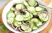 <p>This recipe for cucumber salad uses some of the <a href="https://www.thedailymeal.com/healthy-eating/monthly-guide-seasonal-produce?referrer=yahoo&category=beauty_food&include_utm=1&utm_medium=referral&utm_source=yahoo&utm_campaign=feed" rel="nofollow noopener" target="_blank" data-ylk="slk:summer’s best ingredients;elm:context_link;itc:0;sec:content-canvas" class="link ">summer’s best ingredients</a>. Cucumbers, black olives and onions are tossed in a homemade dressing that’s mixed with avocado oil, rice vinegar, sugar and fresh dill.</p> <p><a href="https://www.thedailymeal.com/recipes/cucumber-salad-recipe-0?referrer=yahoo&category=beauty_food&include_utm=1&utm_medium=referral&utm_source=yahoo&utm_campaign=feed" rel="nofollow noopener" target="_blank" data-ylk="slk:For the Cucumber Salad recipe, click here.;elm:context_link;itc:0;sec:content-canvas" class="link ">For the Cucumber Salad recipe, click here.</a></p>