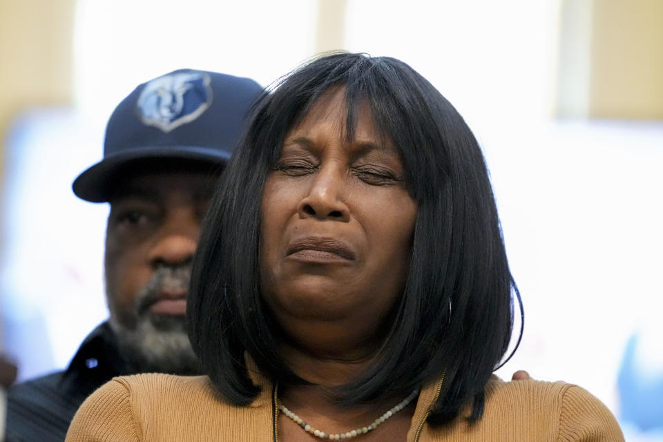 FILE - RowVaughn Wells, mother of Tyre Nichols, who died after being beaten by Memphis police officers, is comforted by Tyre's stepfather Rodney Wells, at a news conference with civil rights Attorney Ben Crump in Memphis, Tenn., Jan. 27, 2023. The parents of Tyre Nichols will attend President Joe Biden's State of the Union address next week. (AP Photo/Gerald Herbert, File)