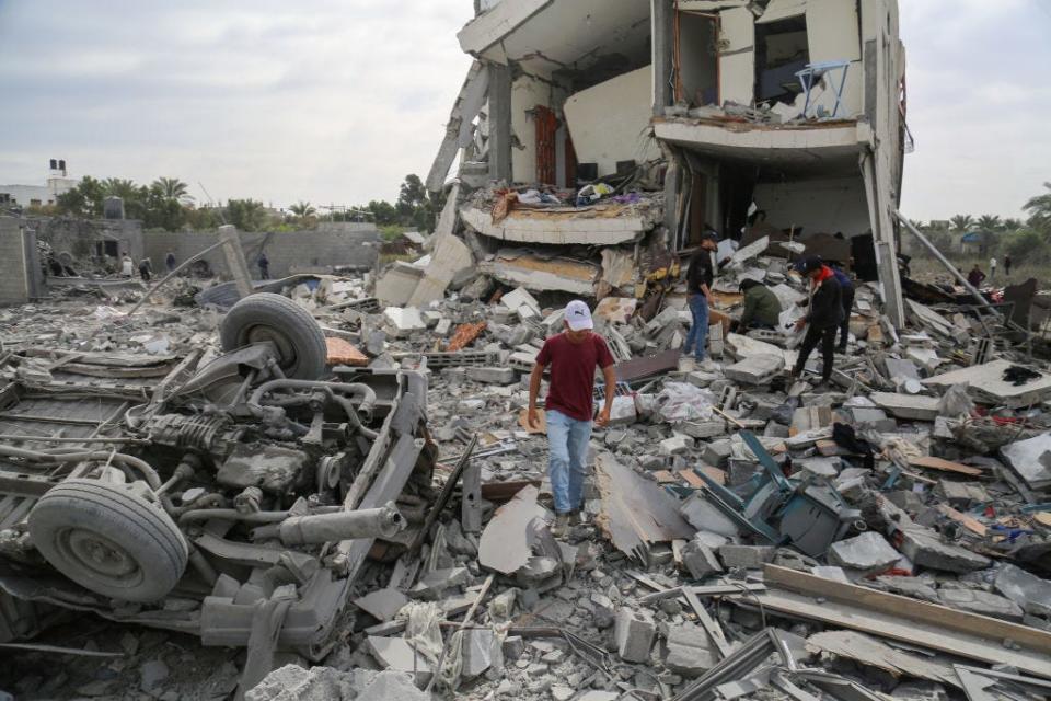 Aftermath of the overnight Israeli bombardment west of the Nuseirat refugee camp in the central Gaza Strip on March 16, 2024, amid ongoing battles between Israel and the militant group Hamas.