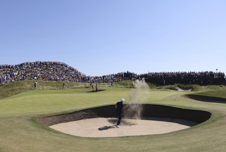 United States' Jordan Spieth plays out of a bunker on the 6th green during the final round of the British Open Golf Championship at Royal St George's golf course Sandwich, England, Sunday, July 18, 2021. (AP Photo/Ian Walton)