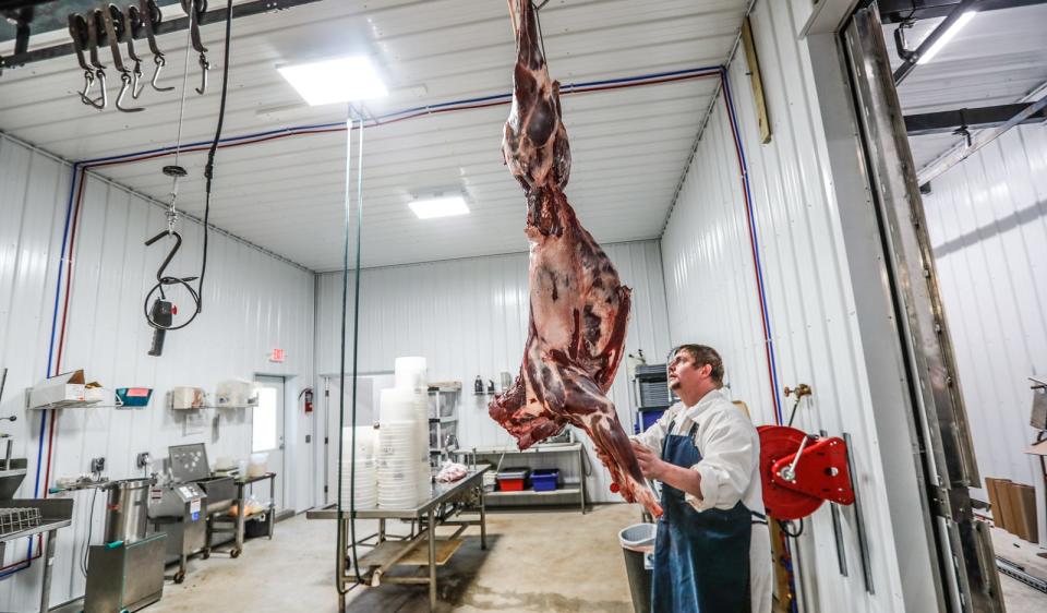 Chris Treesh, a meat processor, prepares to cut up a deer carcass at D&D Meat Processing in northeast Indiana. This is a location where hunters can donate and drop off their legally harvested deer meat to be processed. This meat helps provide meals to feed hungry Hoosiers.