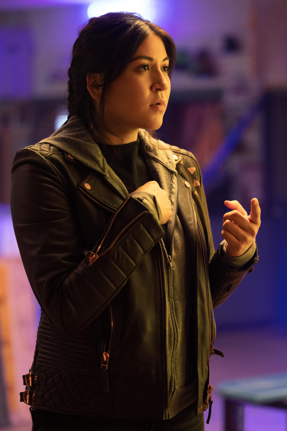 Alaqua Cox as Maya Lopez in Echo, in which she and other characters communicate using American Sign Language. (Disney+/Marvel)