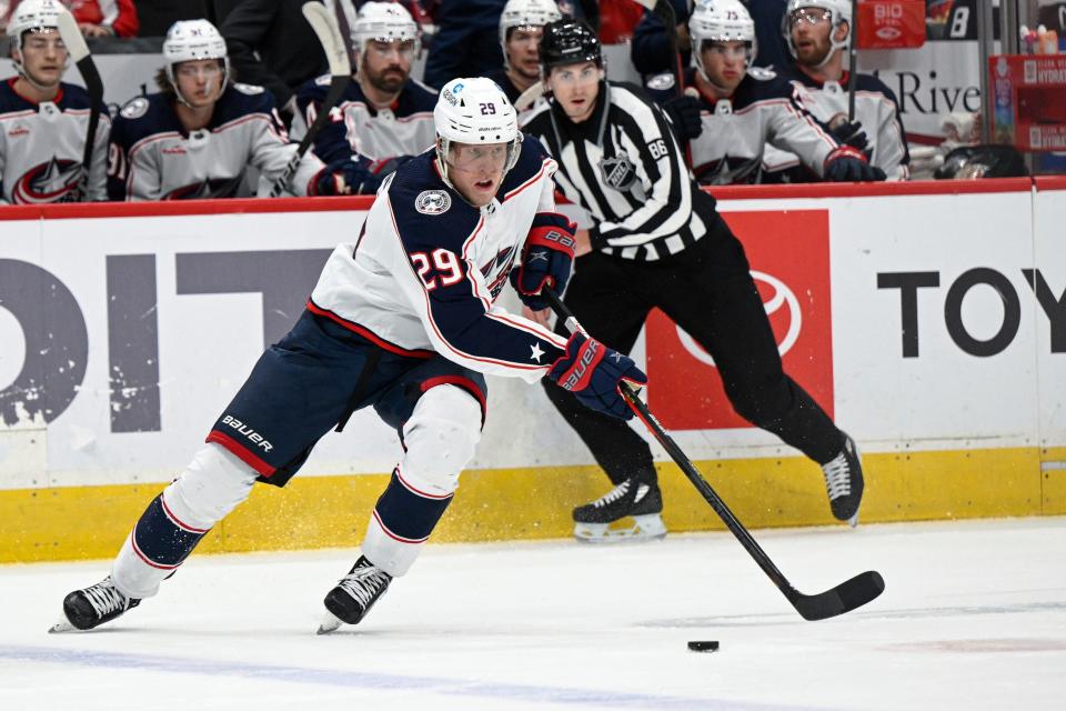 Columbus Blue Jackets left wing Patrik Laine (29) goes after the puck during the second period of an NHL hockey game against the Washington Capitals, Sunday, Jan. 8, 2023, in Washington. (AP Photo/Terrance Williams)