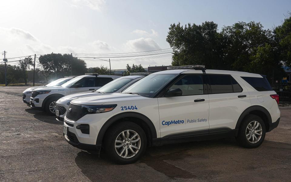Patrol vehicles for CapMetro public safety ambassadors are parked at the CapMetro Public Safety Program offices in East Austin.