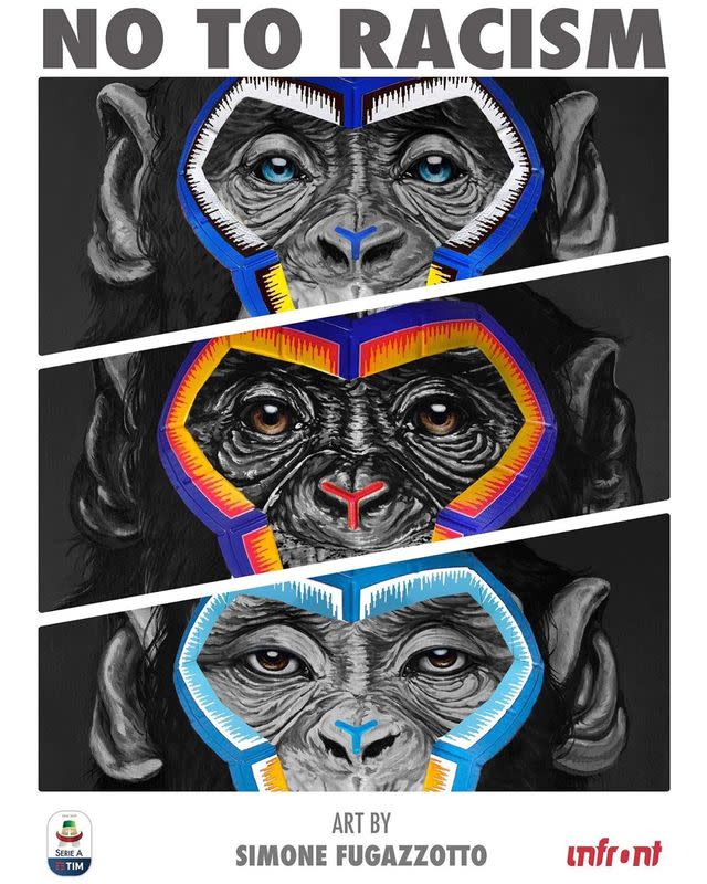 An anti-racism graphic image by Italian artist Simone Fugazzotto featuring three pictures of apes under the words "NO TO RACISM" designed for Italian soccer league Serie A