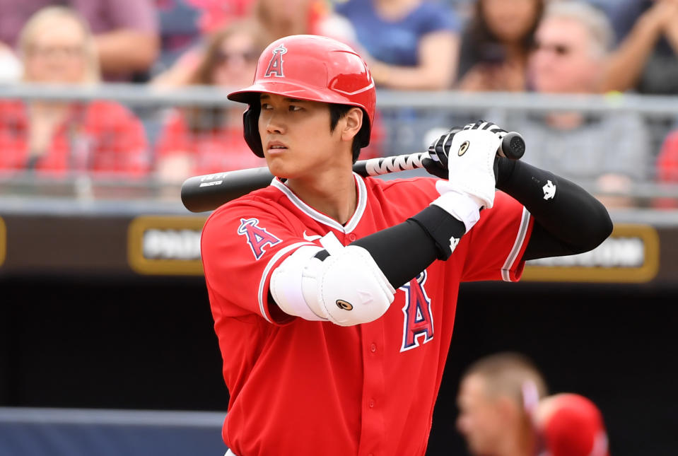 PEORIA, ARIZONA - MARCH 10: Shohei Ohtani #17 of the Los Angeles Angels gets ready in the batters box during a spring training game against the Seattle Mariners at Peoria Stadium on March 10, 2020 in Peoria, Arizona. (Photo by Norm Hall/Getty Images)