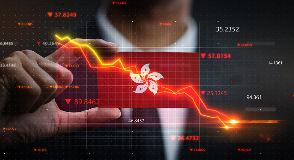 Graph Falling Down in Front Of Hong Kong Flag. Crisis Concept