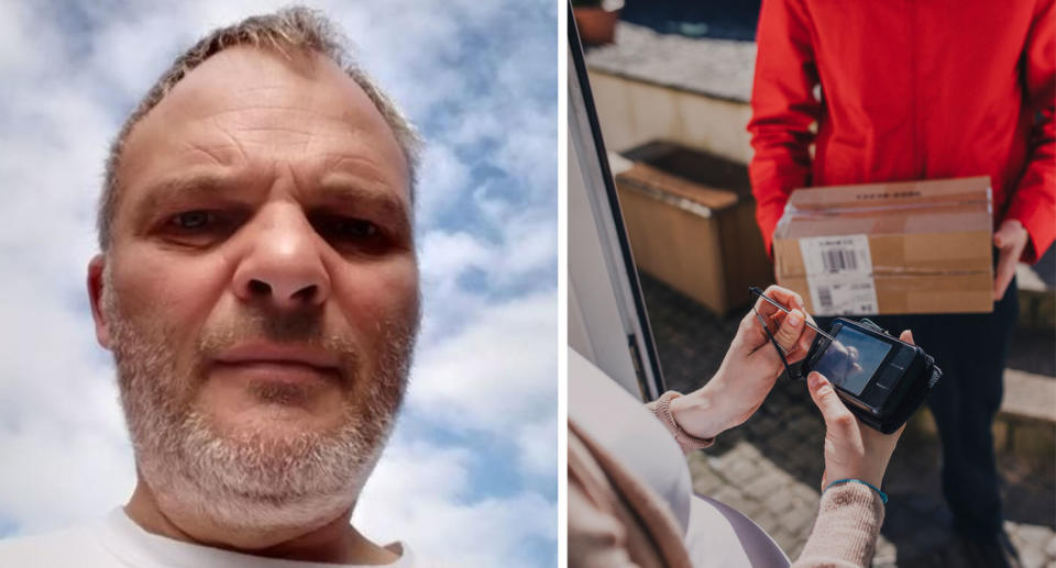 Robert Lockyer (pictured left), from Kent in England, was dismissed after delivering a parcel one minute late. On the right is a stock image of a postie holding a parcel as a recipient signs their name for the package.