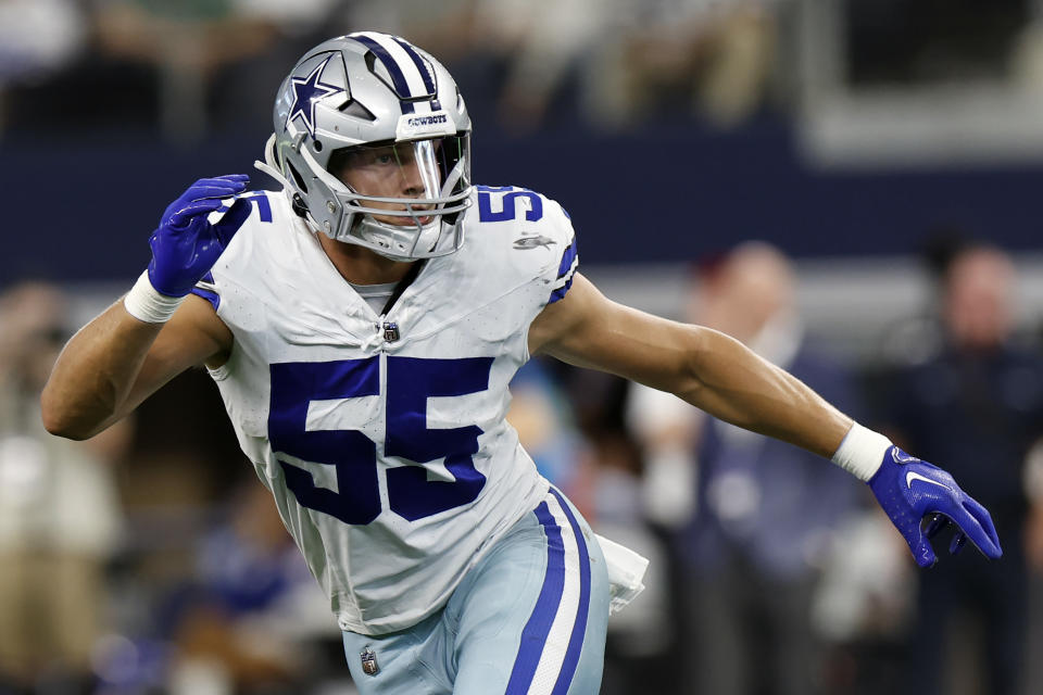 FILE - Dallas Cowboys linebacker Leighton Vander Esch (55) looks to defend during an NFL football game against the New York Jets on Sunday, Sept. 17, 2023, in Arlington, Texas. Leighton Vander Esch retired Monday, March 18, 2024, after six NFL seasons, with the linebacker stepping away after missing 12 games for the Dallas Cowboys last year because of the latest in a series of neck injuries.(AP Photo/Matt Patterson, File)