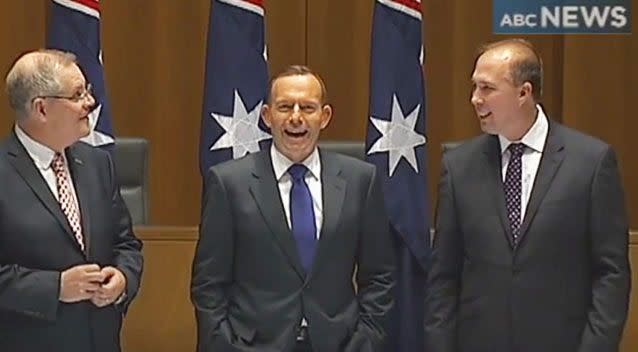 Social Services Minister Scott Morrison appears to realise the gaffe instantly. Photo: Screenshot