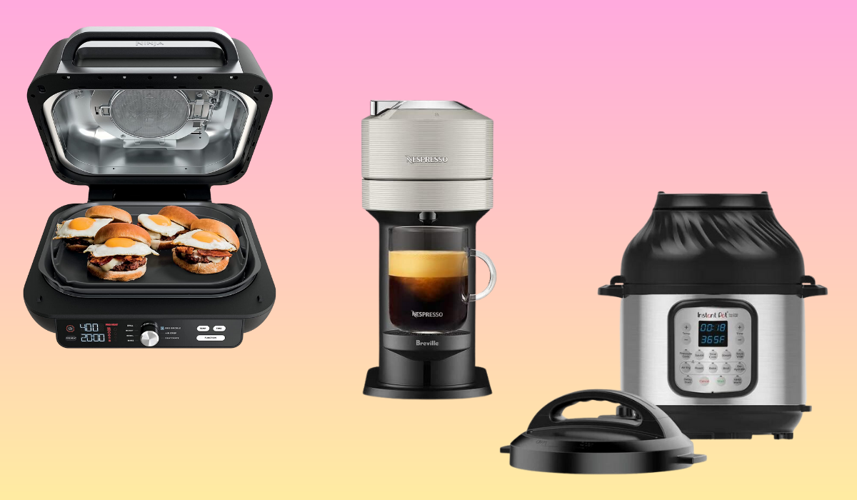 small kitchen appliances: indoor grill, coffee maker, Instant Pot