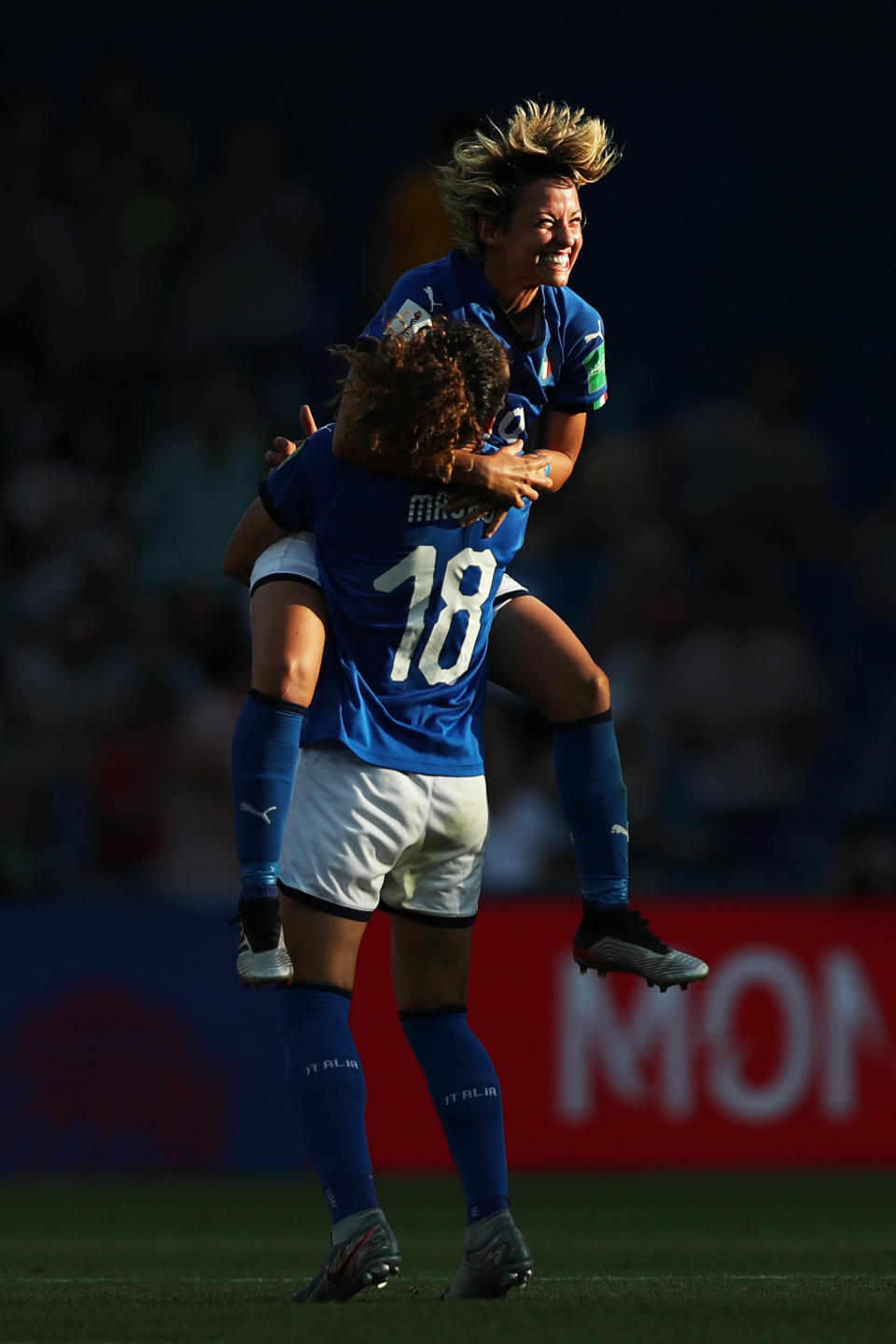 Ilaria Mauro and Valentina Giacinti of Italy celebrate following their sides victory in the 2019 FIFA Women's World Cup France Round Of 16 match between Italy and China at Stade de la Mosson on June 25, 2019 in Montpellier, France. (Photo by Naomi Baker - FIFA/FIFA via Getty Images)