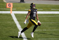 Pittsburgh Steelers wide receiver Chase Claypool (11) crosses the goal line for a touchdown on an 84-yard play during the first half of an NFL football game against the Denver Broncos, Sunday, Sept. 20, 2020, in Pittsburgh. (AP Photo/Keith Srakocic)