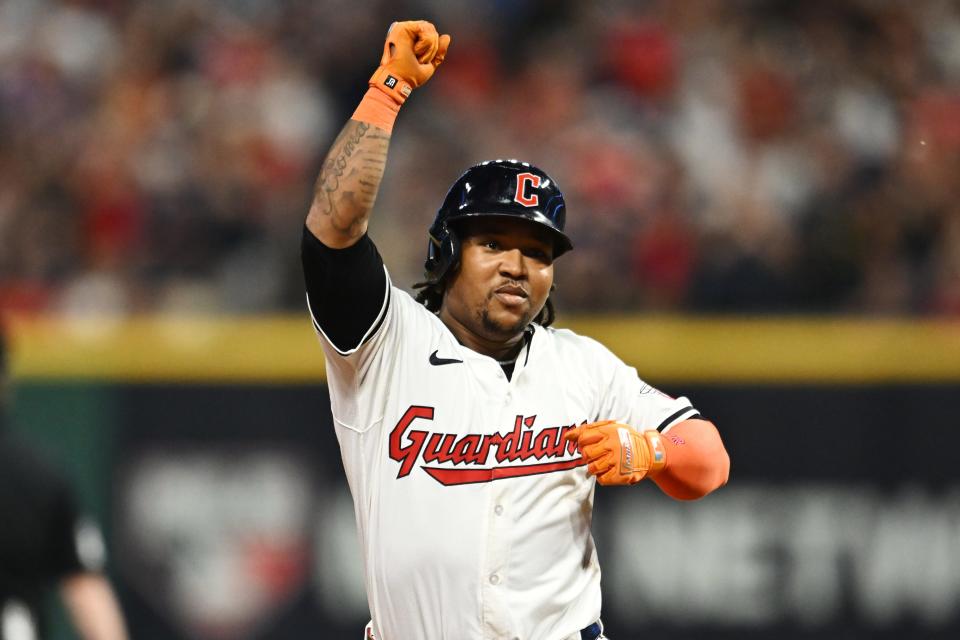 Sep 14, 2024; Cleveland, Ohio, USA; Cleveland Guardians third baseman Jose Ramirez (11) rounds the bases after hitting a home run during the eighth inning against the Tampa Bay Rays at Progressive Field. Mandatory Credit: Ken Blaze-Imagn Images