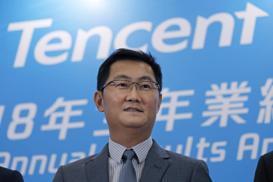 Pony Ma, chairman and CEO of Chinese internet company Tencent, attends a press conference to announce the 2018 company annual results in Hong Kong, Thursday, March 21, 2019. (AP Photo/Kin Cheung)