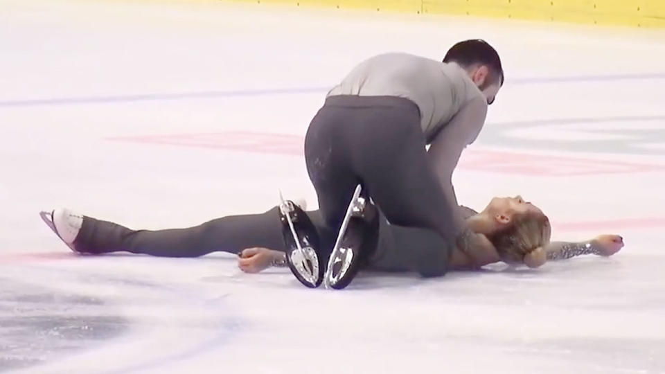 Ashley Cain appeared to lose consciousness when she was dropped by her partner Timothy LeDuc. Pic: Golden Spin