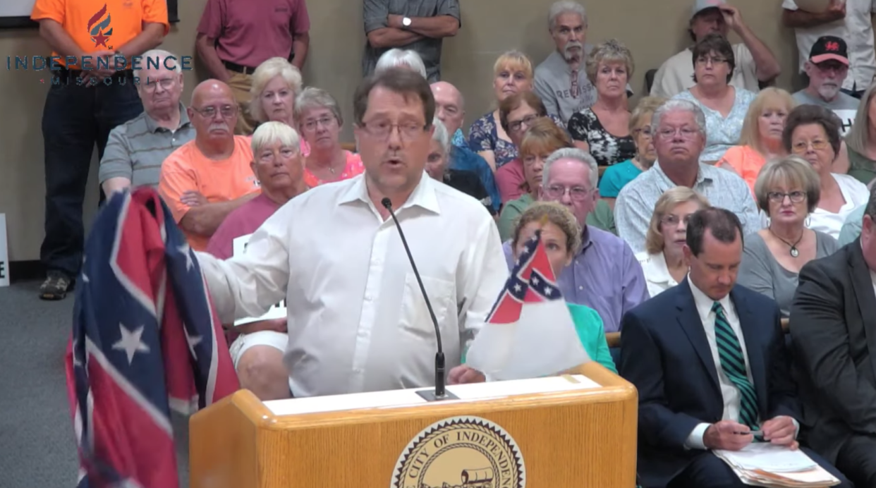 Mark Vendel, a part-time janitor employed by the city of Independence, spoke to the City Council asking that his Rebel flag be put on display next to the pride flag. (Photo: YouTube)