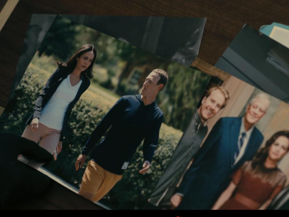 A fictitious image of the character Verna (played by actress Carla Gugino) walking with Mark Zuckerberg in "The Fall of the House of Usher"