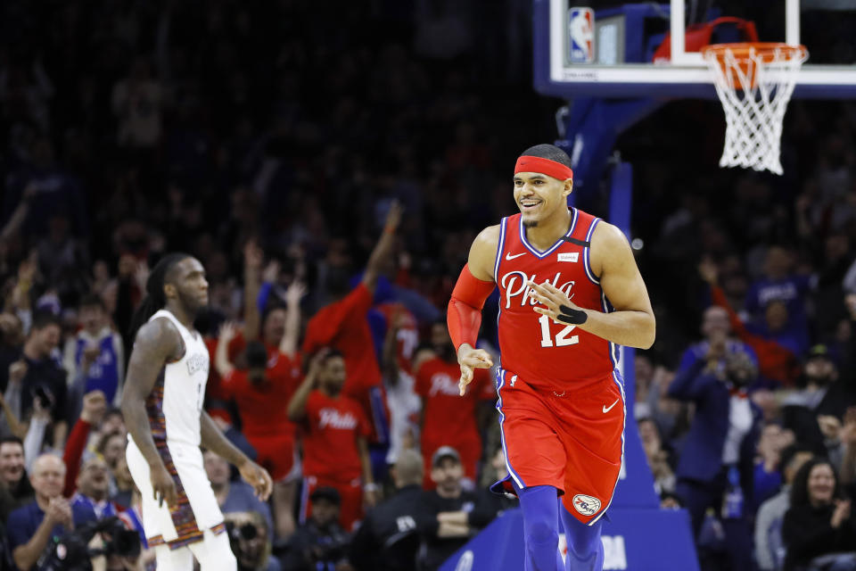 Philadelphia 76ers' Tobias Harris reacts after making a 3-pointer during the second half of an NBA basketball game against the Brooklyn Nets, Wednesday, Jan. 15, 2020, in Philadelphia. (AP Photo/Matt Slocum)