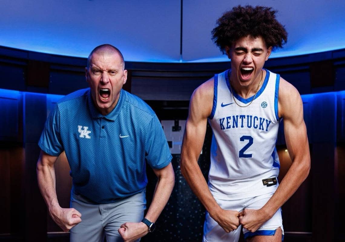 Great Crossing High School basketball star Malachi Moreno, right, poses with Kentucky basketball coach Mark Pope during a visit to UK’s campus earlier this year.