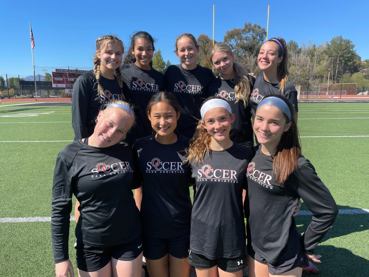 The nine freshmen who have made a huge impact for the Oaks Christian girls soccer team this winter: 
Top row, left to right: Isa Wieder, Azaira Chacon, Hannah Wieler and Alyssa Assouad. 
Bottom row, left to right: Claire Little, Scarlette Druian, Ellie Korman, Avery Oder and Charlotte Ward.