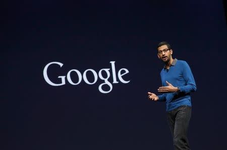 Sundar Pichai, Senior Vice President for Products, delivers his keynote address during the Google I/O developers conference in San Francisco, California May 28, 2015. REUTERS/Robert Galbraith