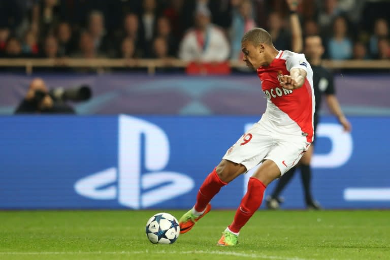 Monaco's forward Kylian Mbappe controls the ball during the UEFA Champions League round of 16 football match against Manchester City March 15, 2017