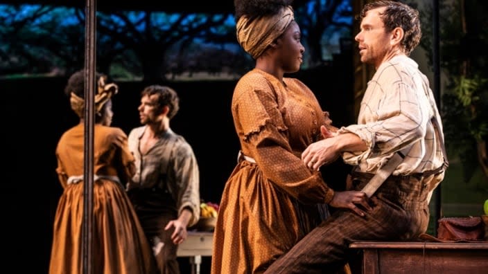 Joaquina Kalukango (left) and Paul Alexander Nolan (right) are shown in a scene from the multiple Tony Award-nominated stage production of “Slave Play.” (Matthew Murphy/O&M Co. via AP)