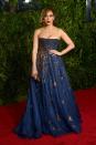 <p>The singer brought her style A-game to the Tonys, wearing a strapless navy gown with an all-over speckled gold accent. </p>