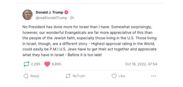 Trump's warning to the Jews. (Photo: Screen Shot/Truth Social/Donald Trump)