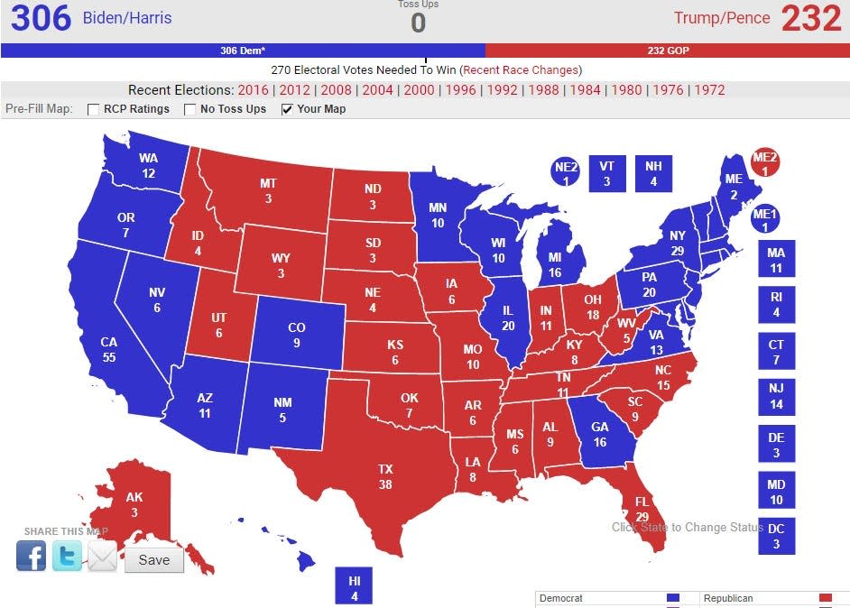The final Electoral College map of the 2020 presidential election shows former Vice President Joe Biden and California Sen. Kamala Harris with 306 electoral votes to 232 votes for President Donald Trump and Vice President Mike Pence. The electors from each state are scheduled to meet Dec. 14 to finalize results.