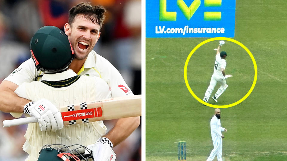 Mitchell Marsh celebrates his Ashes century and Marsh running around.