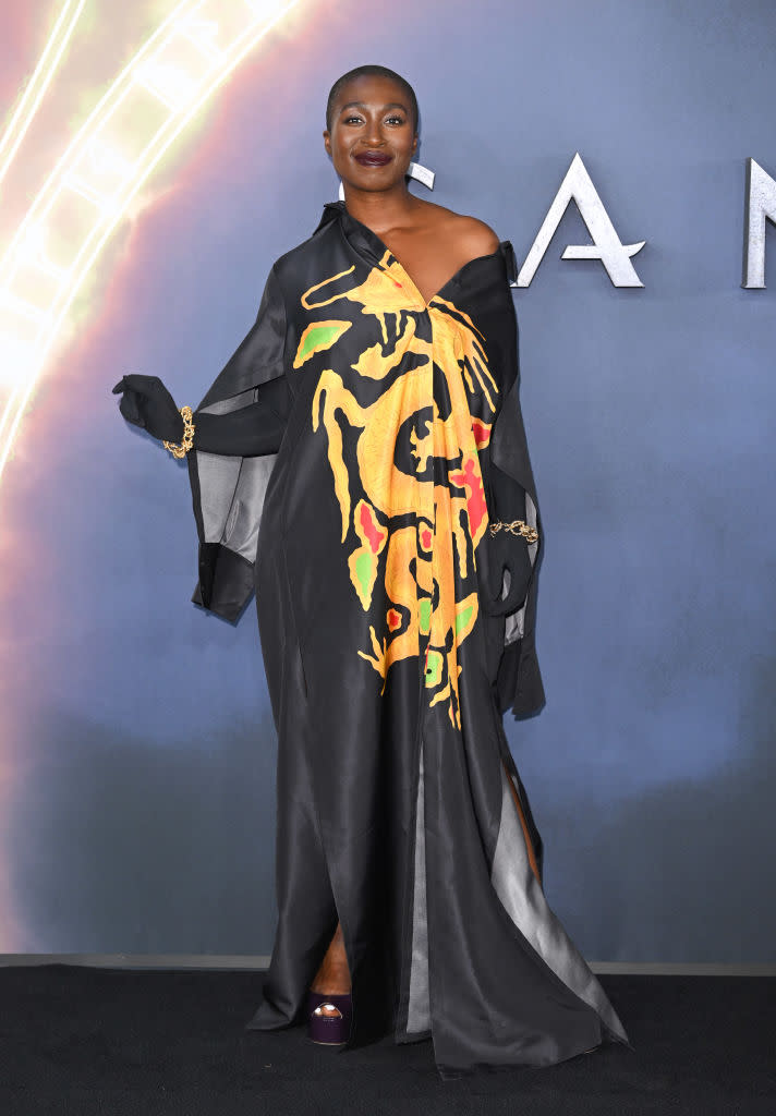 Vivienne Acheampong in Valentino at the London premiere for “The Sandman.” - Credit: WireImage