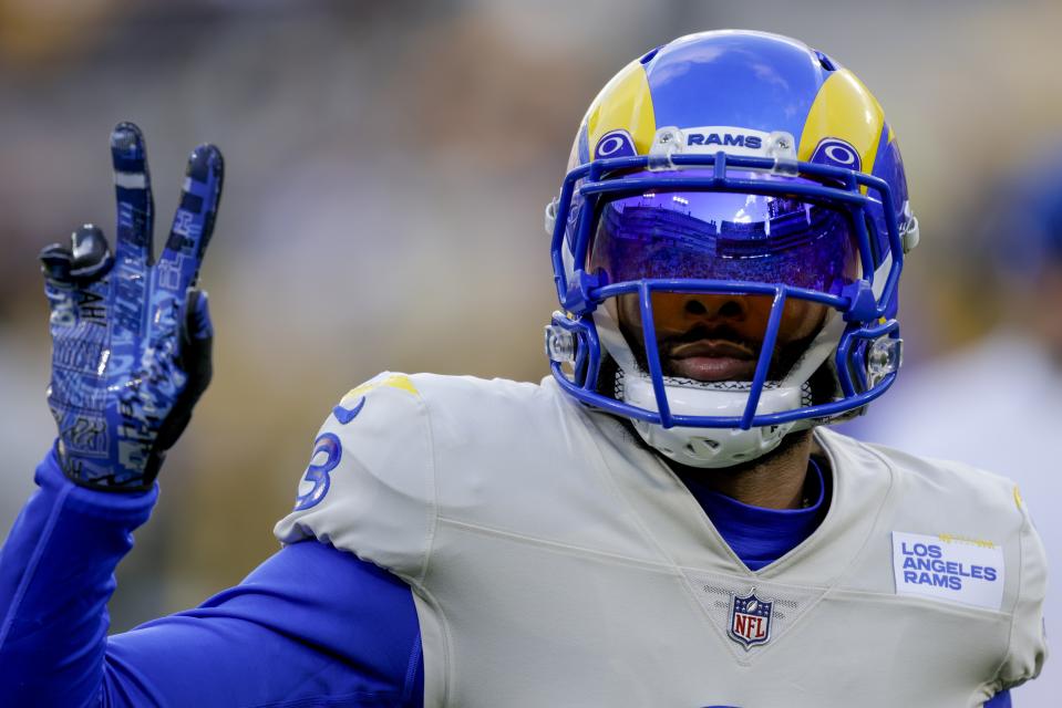 Los Angeles Rams' Odell Beckham Jr. warms up before an NFL football game against the Green Bay Packers Sunday, Nov. 28, 2021, in Green Bay, Wis. (AP Photo/Matt Ludtke)