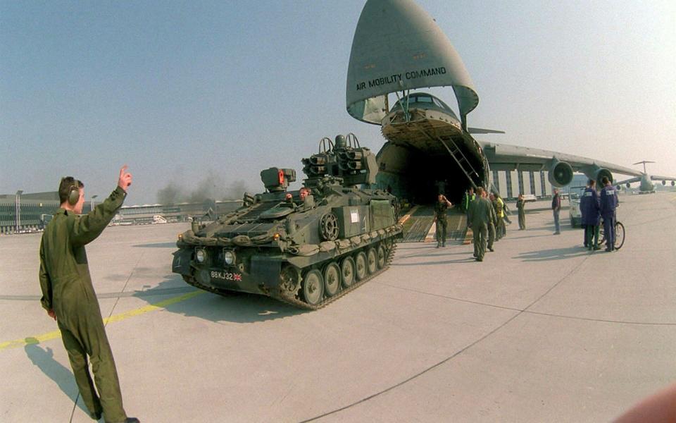 A Stormer Armoured Personnel Carrier (APC), armed with Starstreak High Velocity Missiles (HVM) from 12 Regt Royal Artillery based in Paderborn Germany, is shown being loaded onboard a US Airforce C- 5 Galaxy at Hanover Airport.  - MoD  /MoD  