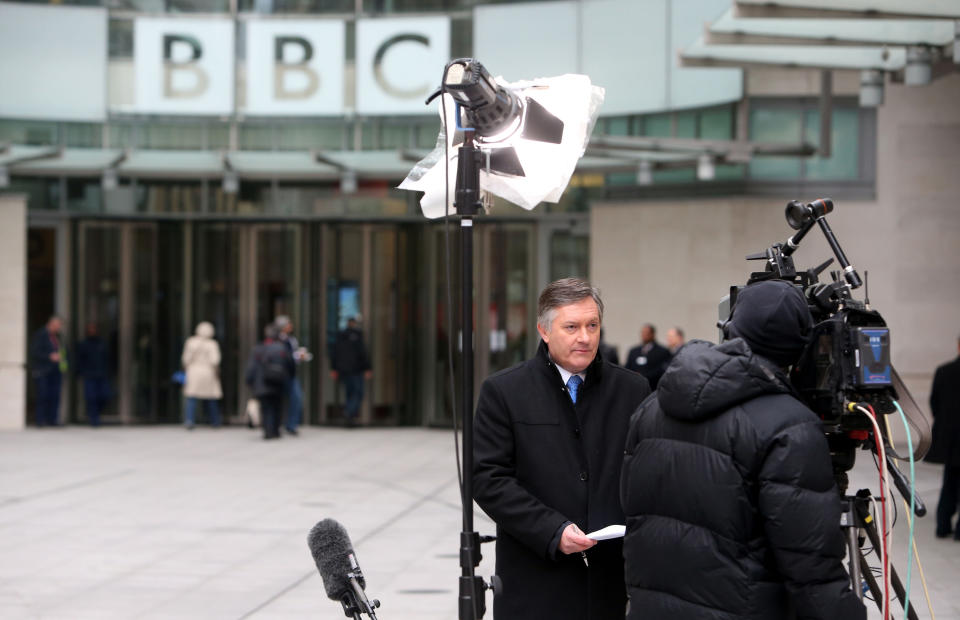 Simon McCoy reports for BBC News 24 from outside New Broadcasting house in central London as the BBC's director of news, Helen Boaden, and her deputy, Stephen Mitchell, have stepped aside just two days after the resignation of director-general George Entwistle.