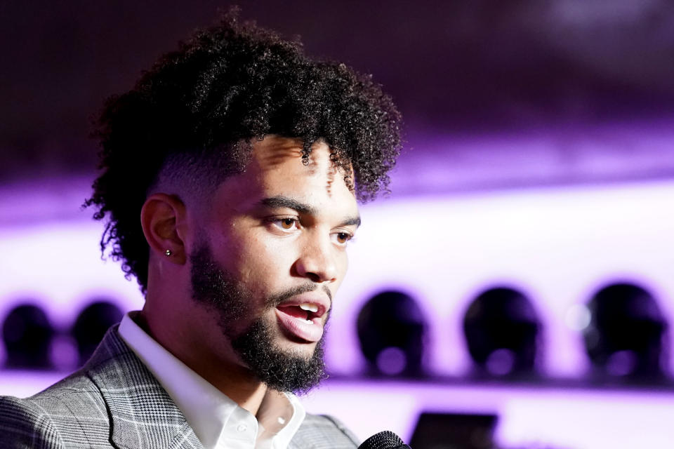 Southern California quarterback Caleb Williams speaks during Pac-12 Conference men's NCAA college football media day Friday, July 29, 2022, in Los Angeles. (AP Photo/Damian Dovarganes)