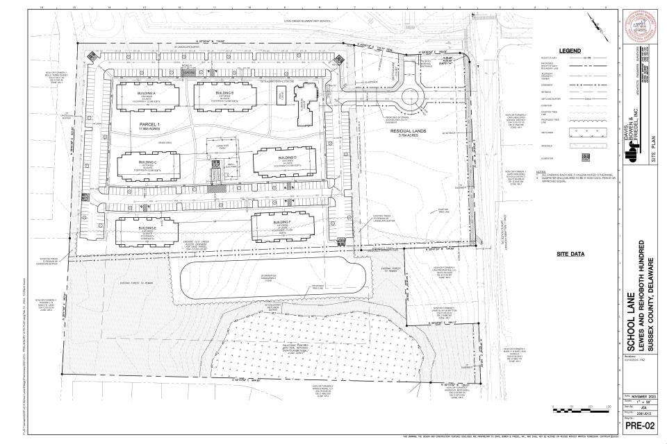 The preliminary plan for School Lane apartments in Lewes, next to Love Creek Elementary School.