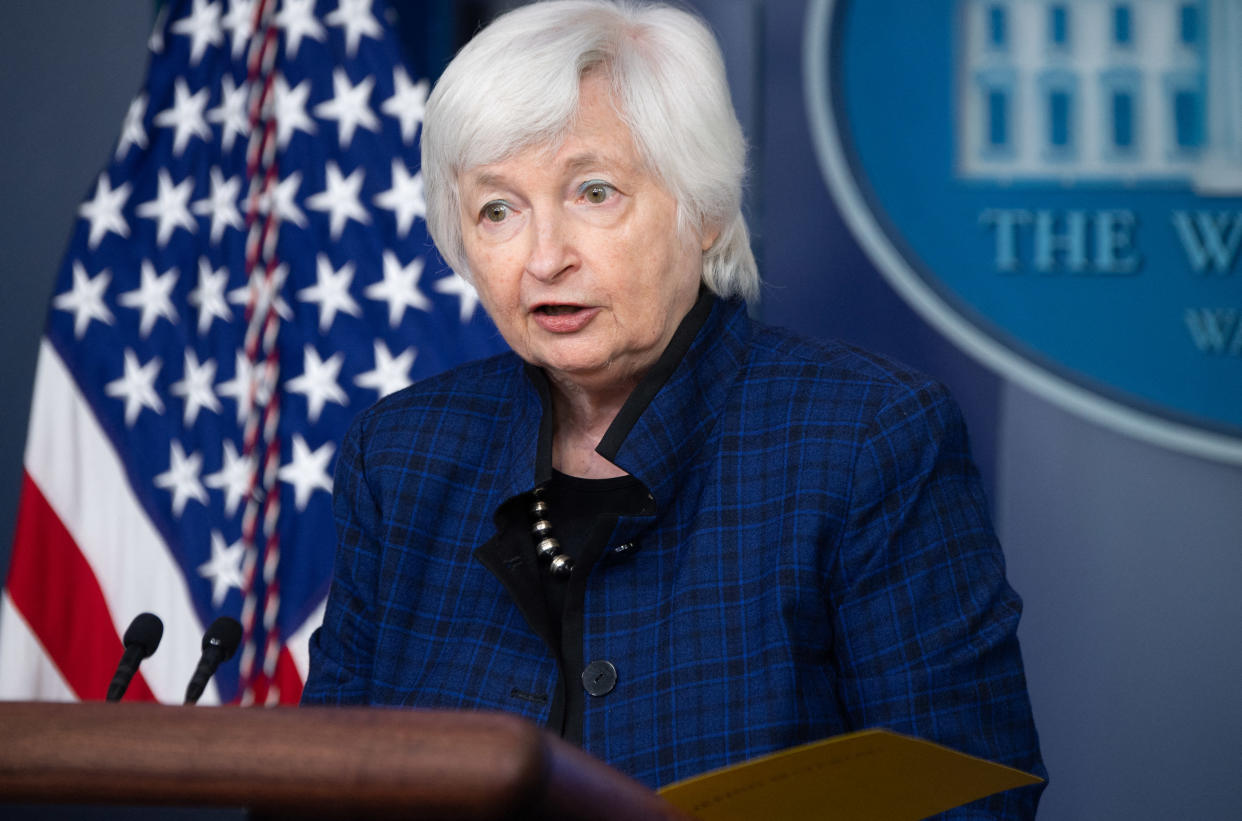 US Treasury Secretary Janet Yellen speaks during the daily press briefing on May 7, 2021, in the Brady Briefing Room of the White House in Washington, DC. (Saul Loeb/AFP via Getty Images)