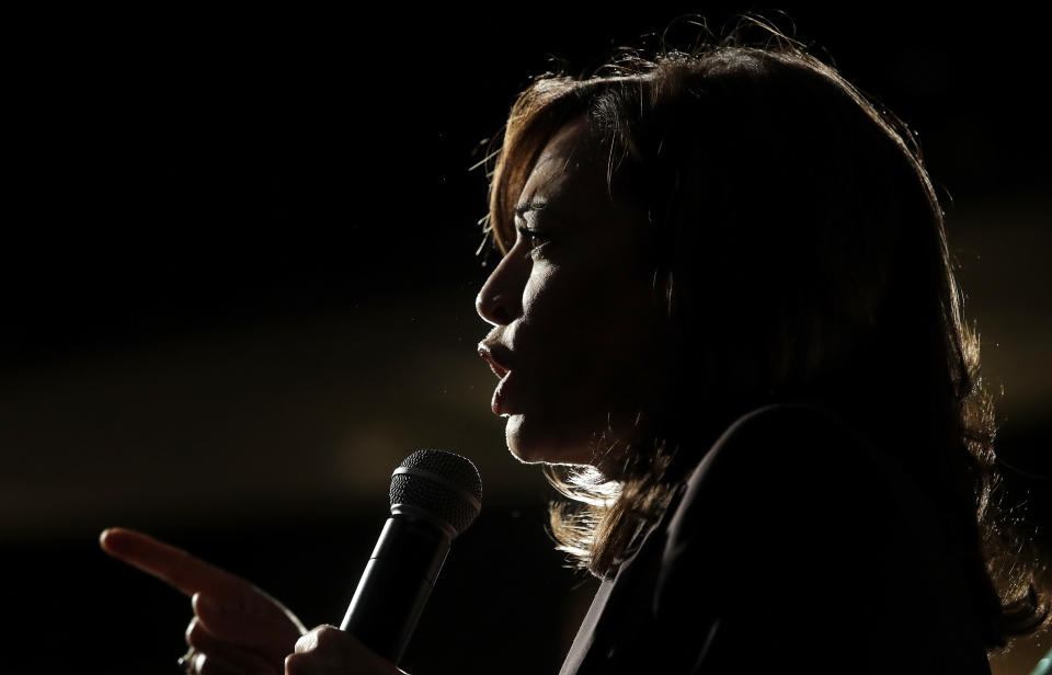 FILE - In this Saturday, June 1, 2019 file photo, Democratic presidential candidate Sen. Kamala Harris, D-Calif., speaks at an SEIU event before the 2019 California Democratic Party State Organizing Convention in San Francisco. Harris is only the second Black woman to serve in the Senate, and in 2020, a prominent contender for the vice-presidential ticket. (AP Photo/Jeff Chiu)