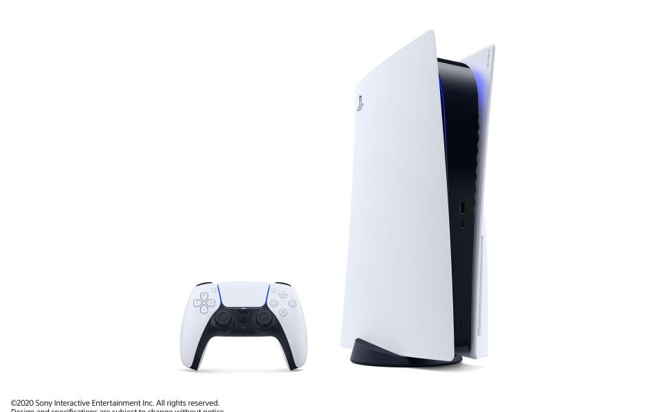 A publicity shot of the Playstation 5, with distinctive bright white 'wings' rising on either side of its black central casing - Sony