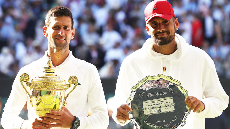 Novak Djokovic and Nick Kyrgios, pictured here after the Wimbledon final.