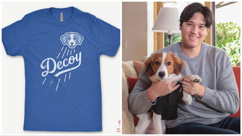大谷翔平加盟道奇推出記者會公仔、愛犬也被印上T恤。（圖／翻攝自RotoWear、MLB推特）