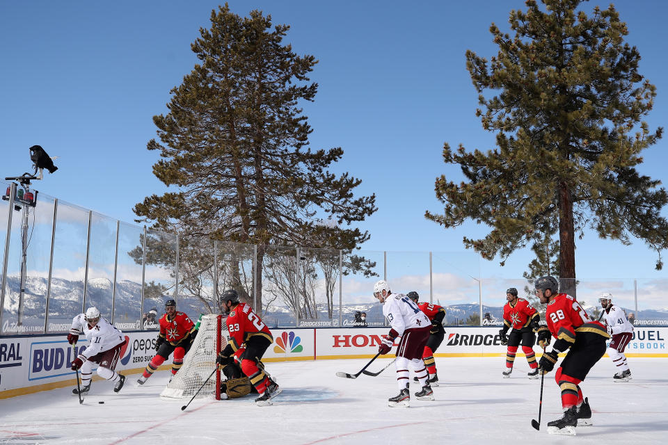 <p>Matt Calvert #11 of the Colorado Avalanche skates with the puck during the first period of the 'NHL Outdoors At Lake Tahoe' against the Vegas Golden Knights at the Edgewood Tahoe Resort on February 20, 2021 in Stateline, Nevada. (Photo by Christian Petersen/Getty Images)</p> 