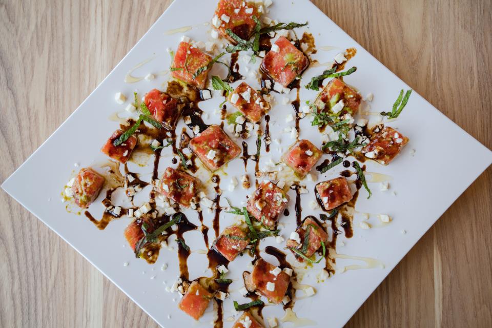 Pesto watermelon bites are on the menu at SingleSpeed Brewing Co. in Des Moines.