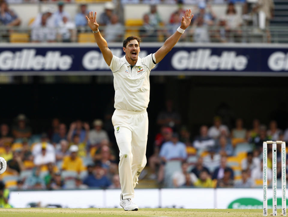 Pakistan's Australia's Mitchell Starc appeals for the wicket of Pakistan's Shaheen Afridi, not shown, during their cricket test match in Brisbane, Australia, Thursday, Nov. 21, 2019. (AP Photo/Tertius Pickard)