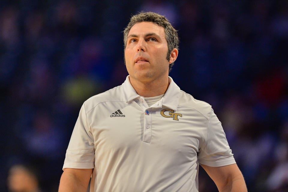 ATLANTA, GA  MARCH 05:  Georgia Tech head coach Josh Pastner looks at the scoreboard during the ACC college basketball game between the Boston College Eagles and the Georgia Tech Yellow Jackets on March 5th, 2022 at Hank McCamish Pavilion in Atlanta, GA.  (Photo by Rich von Biberstein/Icon Sportswire via Getty Images)